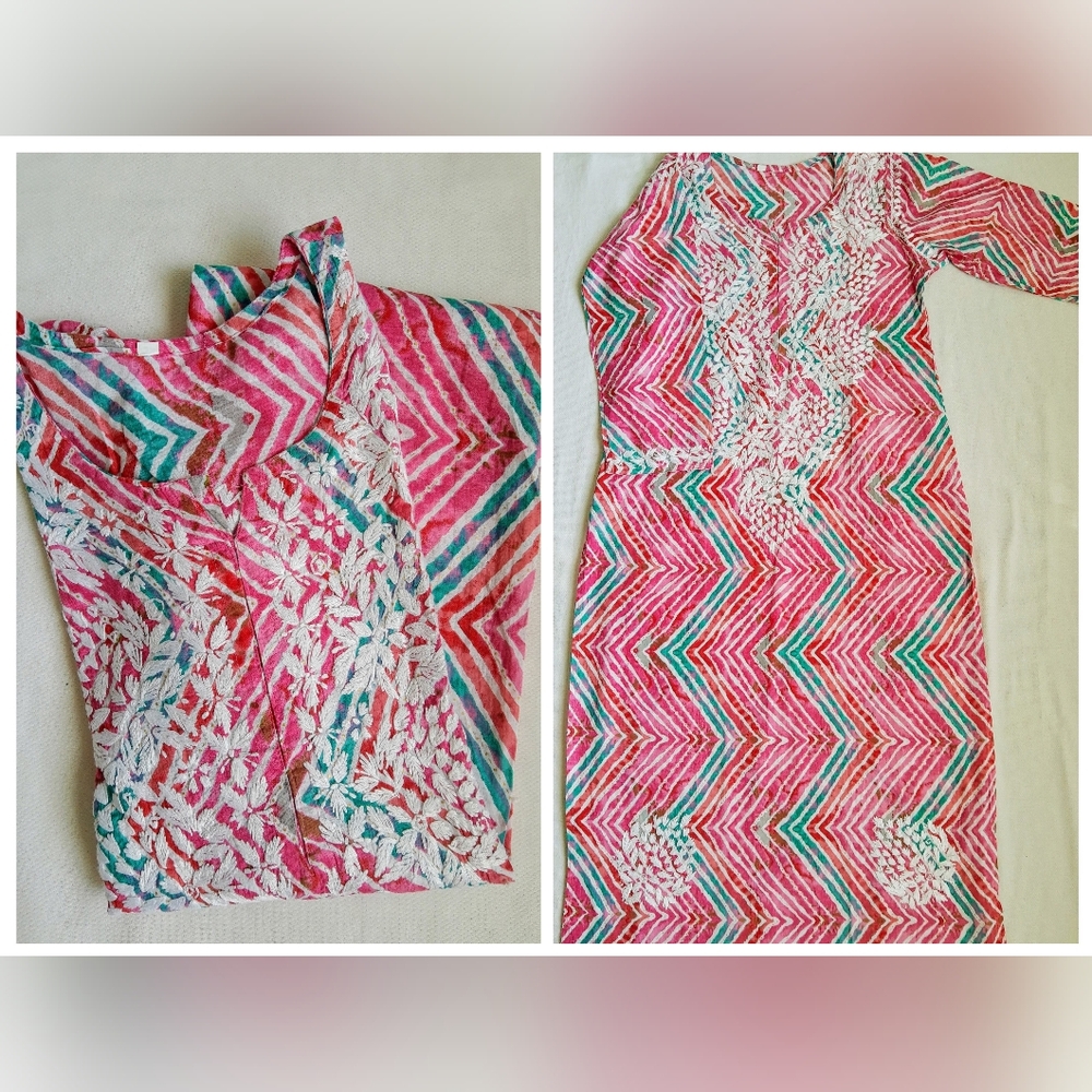 Women's Pink Chevron Printed Dress with Teal Accents